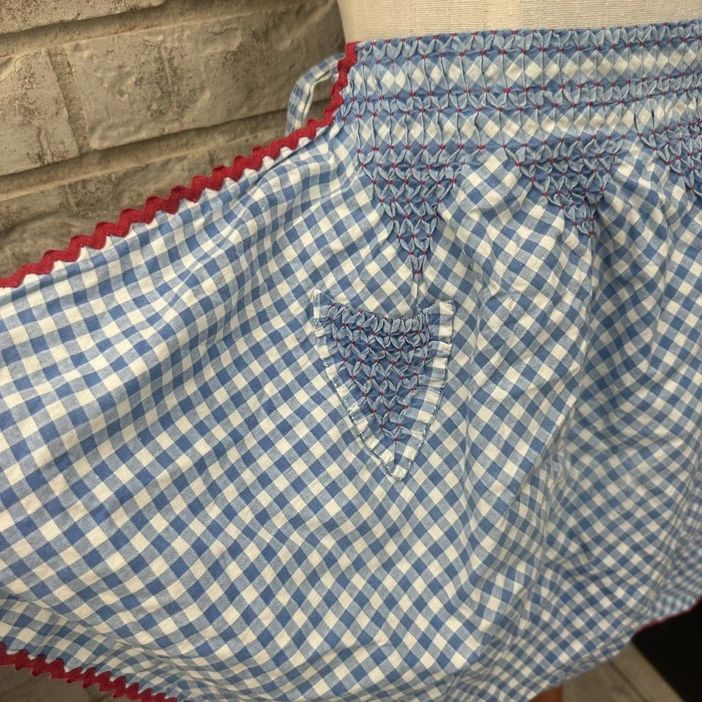 Vintage Blue Gingham Half Apron Handmade Smocked Waist Pocket Tie Back Farmhouse